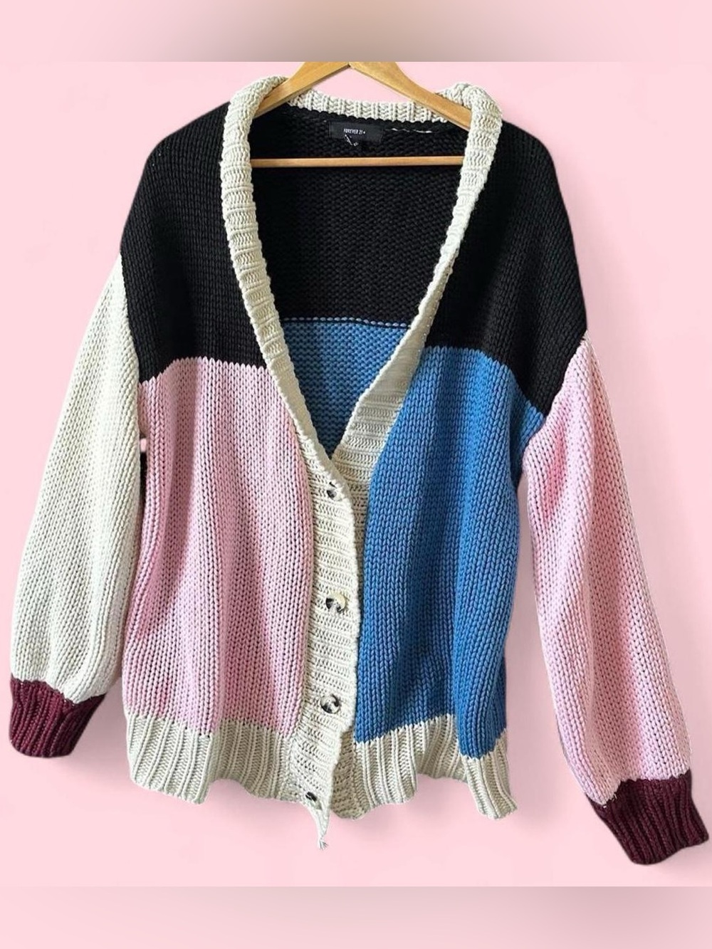 Forever 21 Pink, Blue & Black Colorblock Knit Cardigan
